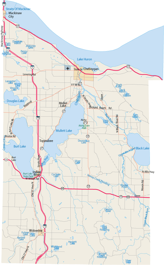 map of michigan cities and counties. Cheboygan County Michigan Map